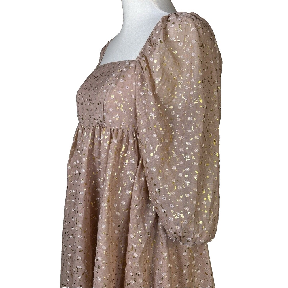 Storia Anthropologie Womens Dress Sz S Metallic‎ Babydoll Mini Puff Sleeve - Picture 6 of 11